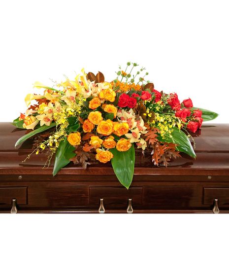 Seasons: Orange, Yellow, Red Casket Spray | Flowers by Mike