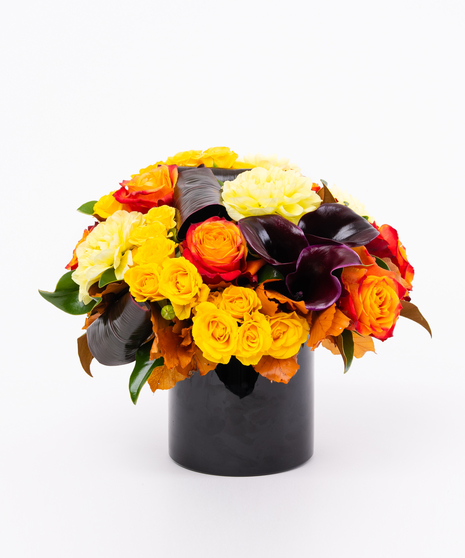 Yellow Roses + Dahlia with Black Calla Lilies